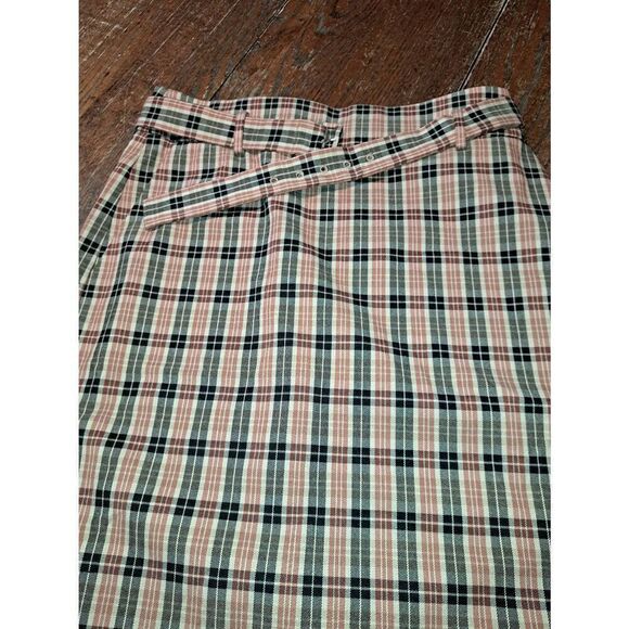 Size 8 Ann Taylor Factory Tan Brown Black Plaid Midi Pencil Skirt with Belt - Picture 2 of 4